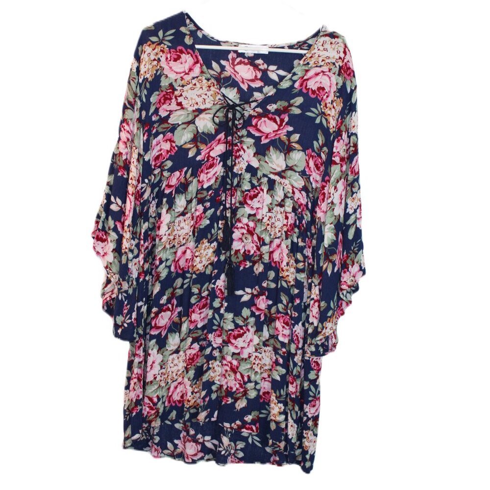 Cupshe Dress Floral Loose Fit Beachy Tie Front Size L Blue Pink Red Gree…